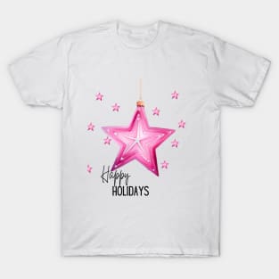 Happy Holidays with Pink Stars and Gold String T-Shirt